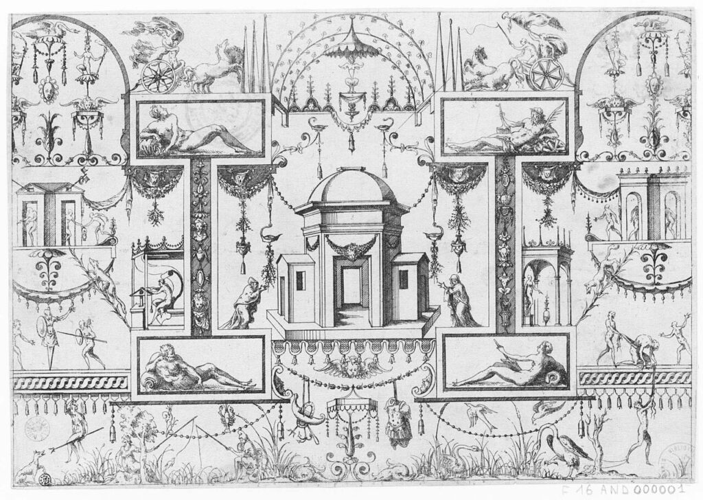 Un dessin en noir et blanc représentant les fresques qui ont été peintes.
Dans un style très classique, avec des colonnes et des arches, des scènes antiques avec des personnages dénudés, mais aussi des chars, de lé végétation et des oiseaux et toute sorte de décors.
