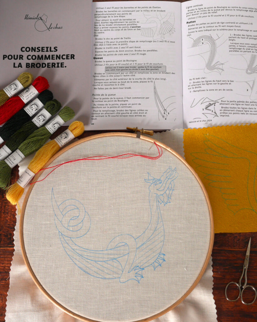 Contenu du kit avec la toile blanche dans un tambour de broderie, le motif est imprimé sur la toile. Des échevettes de laine colorée, 2 notices imprimées.