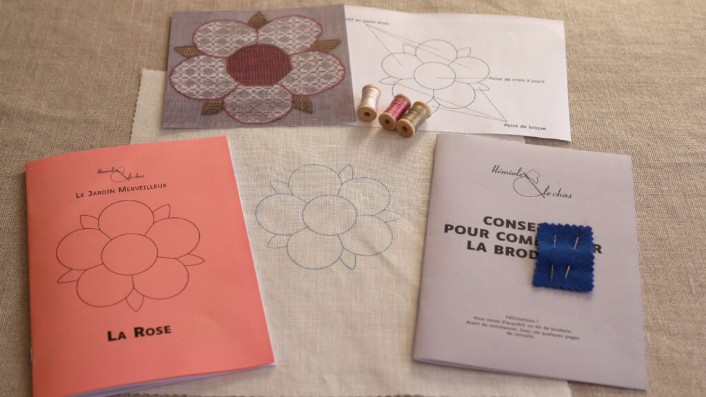 Le contenu d'un kit : la toile blanche avec le motif imprimé, 2 livrets d'explication, 2 aiguilles, 3 bobines de fil, une impression couleur de la broderie terminée et un schéma récapitulatif des points utilisés.