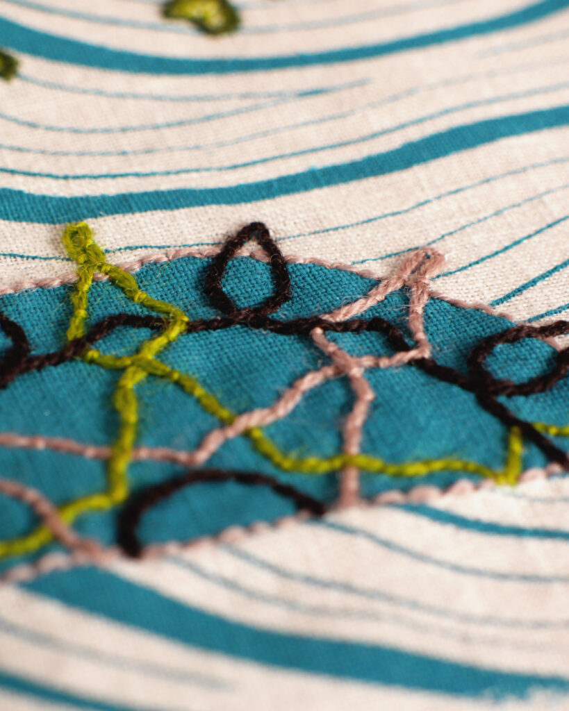 Détail d'une broderie sur toile blanche imprimée en bleu. On distingue les vagues d'une carte marine imprimées et, sur fond du même bleu, la rose des vents. Elle est constituée d'un entrelacs brodé en vert, brun-rose et marron.