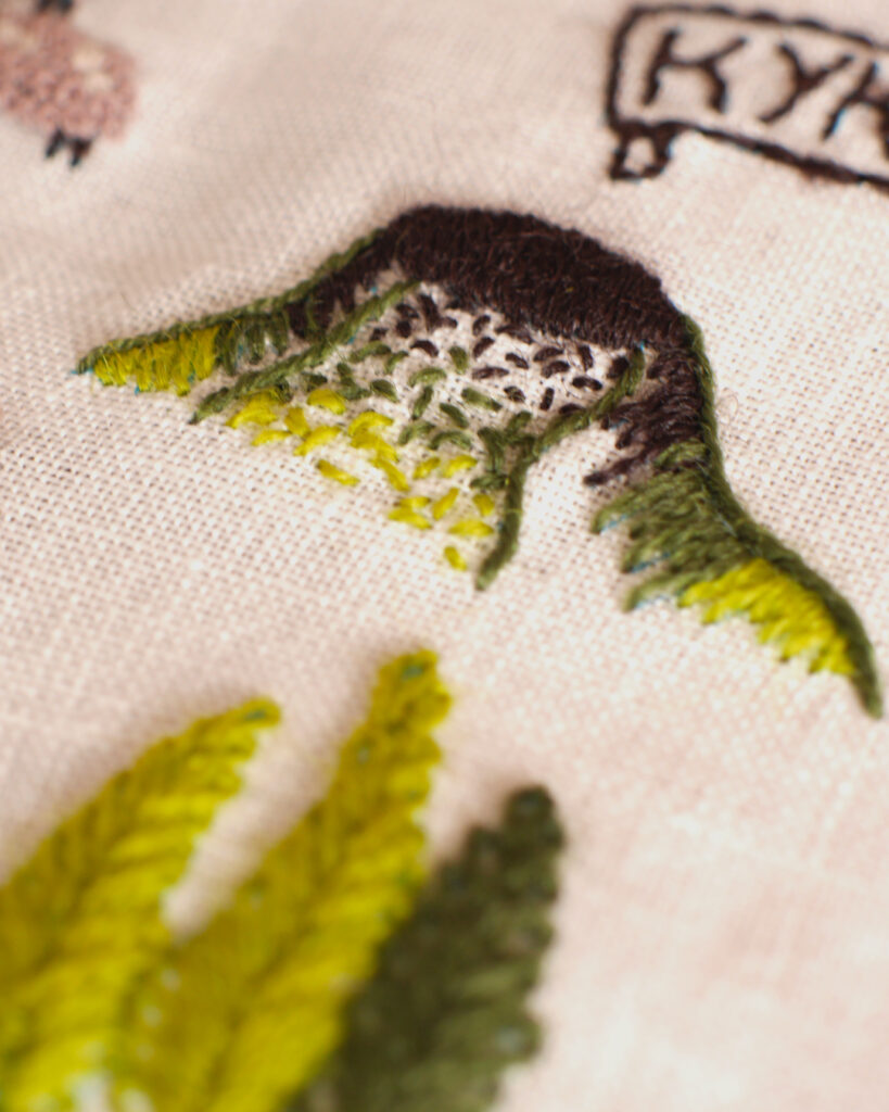 Gros plan sur la broderie de carte avec au dessus d'un bosquet de peuplier un volcan au cratère marron et aux pentes douces qui deviennent vertes petit à petit.