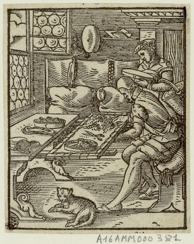 Gravure. Dans une pièce éclairée par des fenêtre à carreaux ronds, avec des coussins dans le fond. Devant la fenêtre, il y a une table avec des bobines et des échevettes. Devant un cadre avec une toile tendue sur laquelle un homme assis est en train de travailler. On voit le motif qui est en train d'être brodé, sur la toile, il y a aussi des outils posés : ciseaux, coupelles de matériaux. Derrière lui, une femme est debout et tient des paniers et des boites. Devant un chat est couché au pied du brodeur.