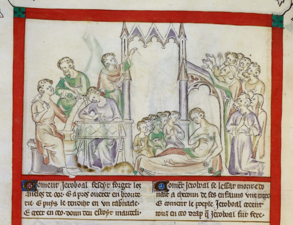 Enluminure médiévale. Une foule autour d'un bâtiment avec des arches. Un homme semi-nu, recouvert par un drap est allongé dans un lit, entouré de plusieurs personnages. De l'autre côté différents personnages en train de travailler. Au milieu, une femme assise devant un cadre posé sur des tréteaux.