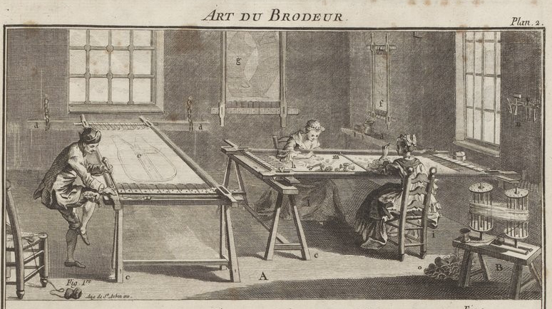 Gravure intitulée "L'art du Brodeur" Un grand atelier dans lequel se trouvent 2 très grands cadres à broder posés sur des tréteaux. chacun est posé perpendiculairement à une fenêtre. Sur l'un d'entre eux, un homme, debout est en train de tendre la toile, il utilise son genou pour tenir une traverse. Sur l'autre cadre, 2 femmes assises sont en train de travailler face à face. Celle en face de nous est droitière, celle qui nous tourne le dos travaille de la main gauche. Aux murs, d'autres cadres sont suspendus.