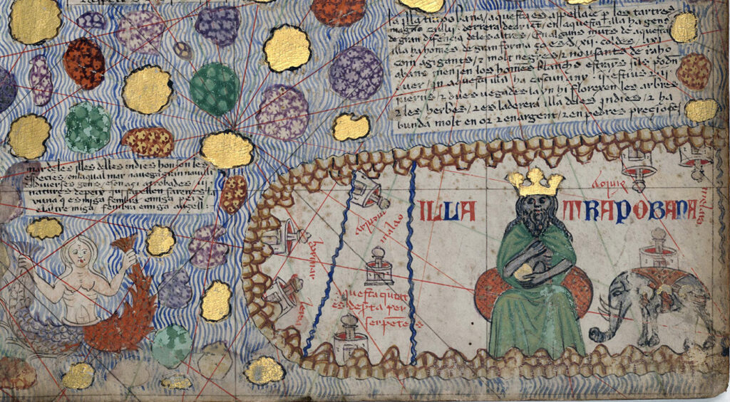 Détail d'une carte marine de la fin du moyen-âge. Sur les terres, il y a un souverain couronné avec un éléphant près de lui.
Le long de la côte, il y a des cité dessinées et des rochers.
Dans l'eau, représentée par des vagues bleues, il y a une sirène.