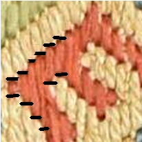 Détail de la broderie précédente où j'ai tracé par dessus en noir les longueurs des points pour montrer que les points n'ont pas tous la même longueur et s'adapte au motif.