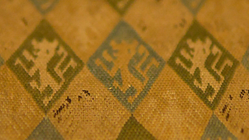 Détail d'une broderie médiévale jaune, bleu, vert et marron (abîmé).
Il s'agit de losanges dans lequel sont dessinés des lions héraldique (et des aigles qu'on distingue à peine car le fil est abîmé).