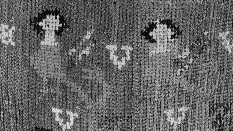 Détail d'une broderie médiévale brodée au point de croix natté qui forme des côtes verticales.
Le motif est des sirènes (oiseaux).