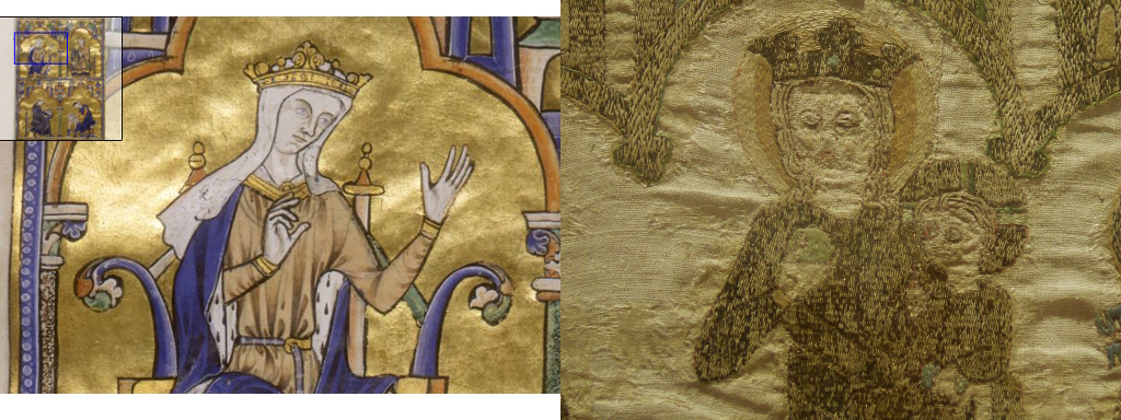 Image scindée en 2.
A gauche, une enluminure sur fond doré avec une femme couronnée sur son trône.
A droite, une broderie médiévale sur toile blanche avec une vierge couronnée assise tenant Jésus.