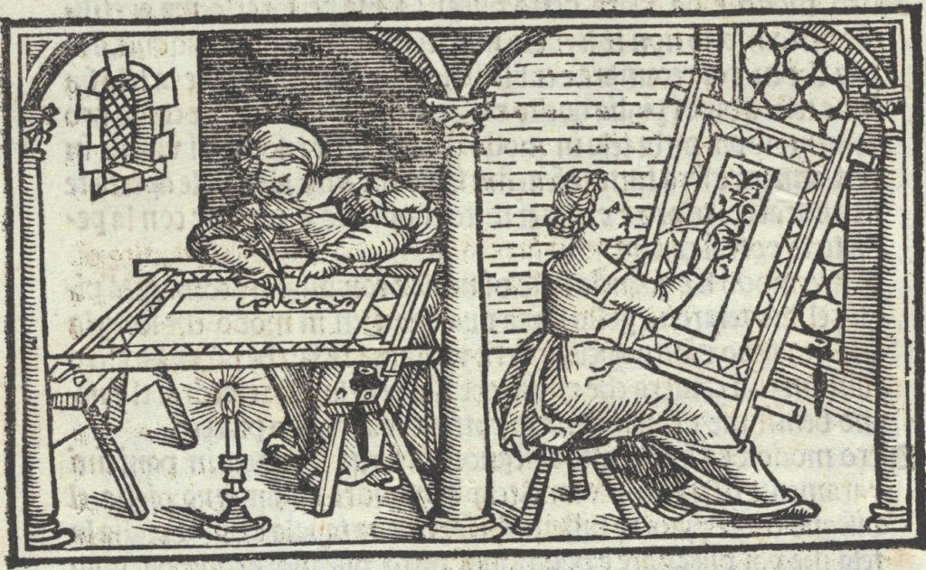 Gravure.
2 femmes assises dans une pièce devant des tissus tendus sur des cadres, sur lesquels elles dessinent à la plume.
Pour la femme de gauche, le cadre est posé sur des tréteaux et une bougie allumée est posée en dessous.
La femme de droite est assise devant une fenêtre et le cadre est posé verticalement contre la fenêtre.