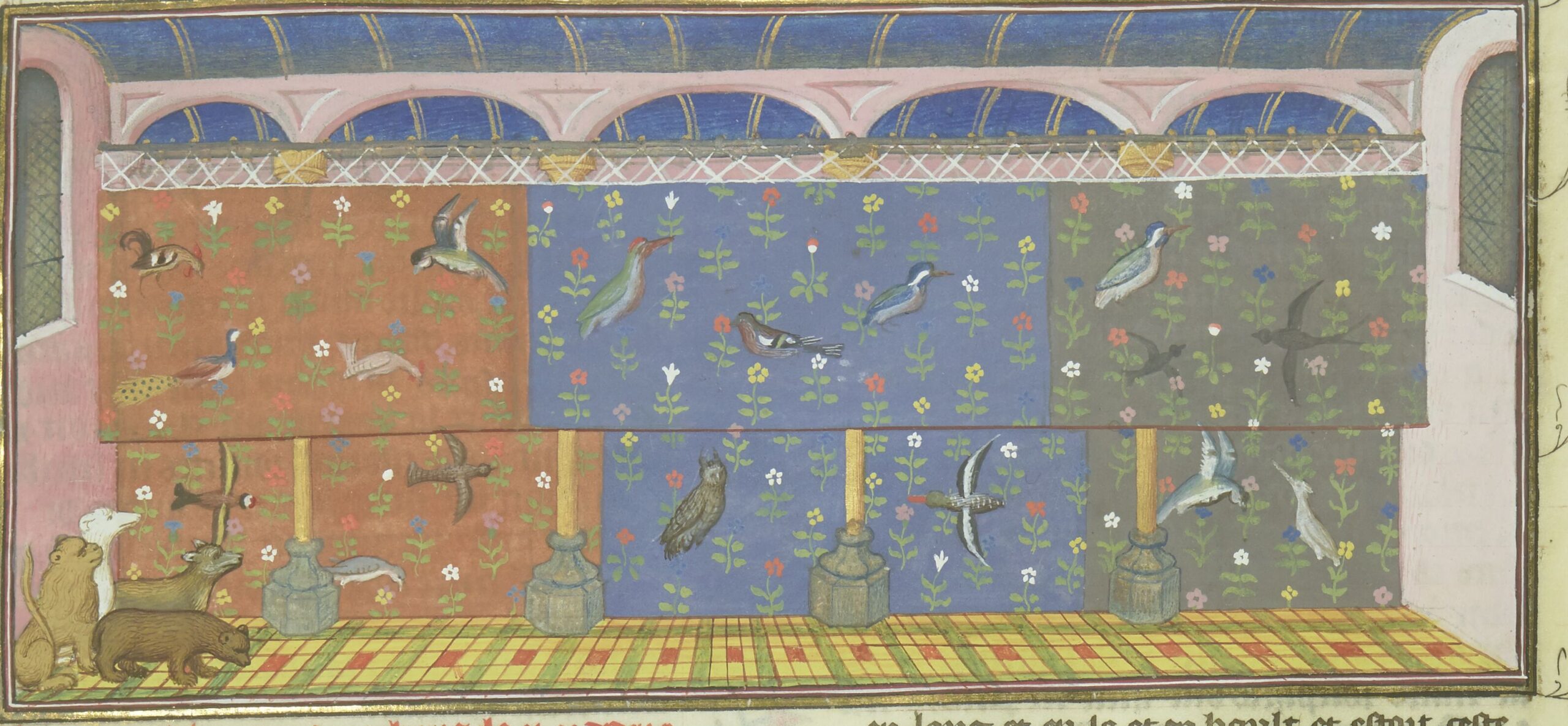 Une enluminure représentant une pièce (une sorte de volière) dans laquelle il y a une grande fresque dans le fond avec des végétaux et pleins d'oiseaux.
Dans la volière, il y a des animaux sauvages.