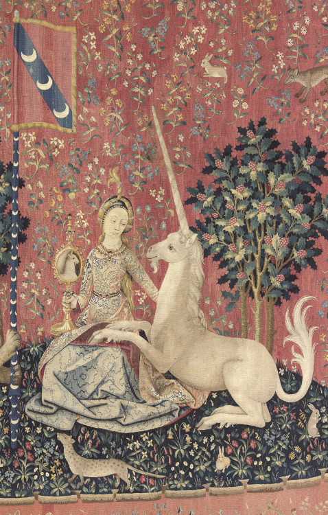 Une des tapisserie de la dame à la licorne. Sur fond rouge, avec des fleurs, des lapins et des renards qui flottent. Sur un ilot vert foncé avec de la végétation et des animaux, une femme habillée richement est assise avec une licorne allongée près d'elle qui a ses 2 pattes avant sur les genoux de la dame. Elle (la dame tient un miroir dans lequel on voit le reflet de la licorne.