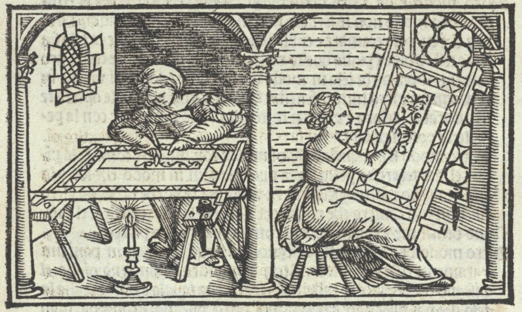 Gravure avec 2 vignettes, représentant des femmes, sur un métier de broderie, en train de tracer des motifs à la plume sur le tissu.